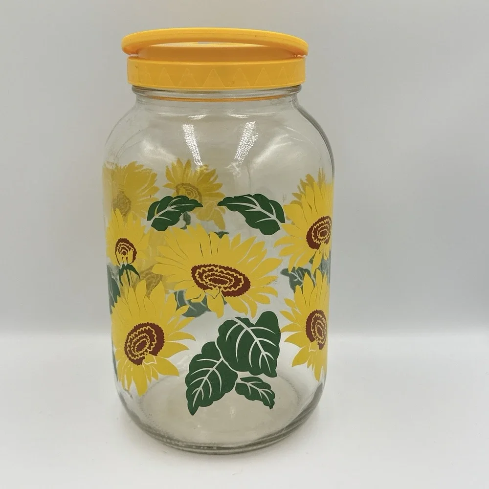 Vintage Sunflower Glass Canister Yellow Pour Spout Lid Floral Kitchen Storage